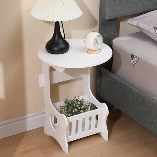White Round Side Table Small Coffee Table End Table with Storage Shelf Basket Nightstand Sofa Table for Living Room, Bedroom, Bathroom, Balcony