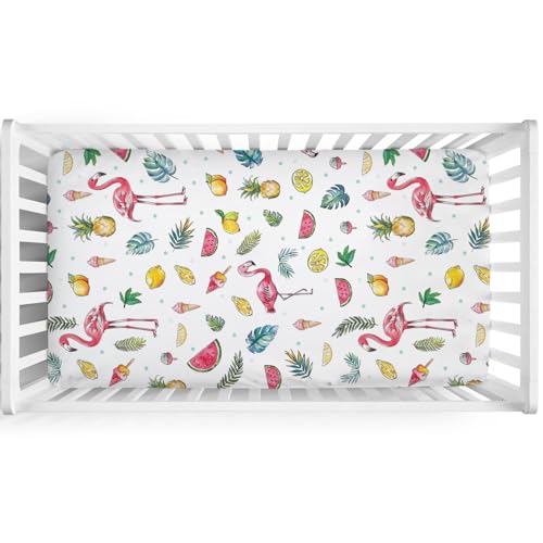 Image of Watercolor Summer Flamingo Baby Crib Sheets 52''x28'' Lemon Pineapple Watermelon Tropical Leaves Snug Fitted Crib Mattress Sheet for Boy Girl Soft Nursery Bed Sheets for Standard Crib Toddler Mattress