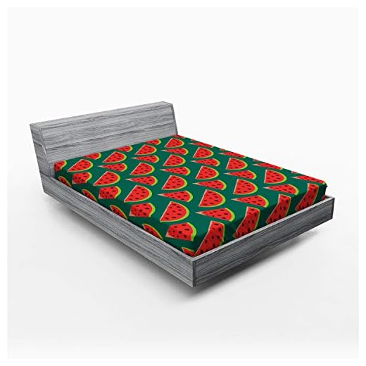Lunarable Watermelon Fitted Sheet, Cartoon Vibrant Slices with Fresh Summer Season Fruits on a Dark Backdrop, Soft Decorative Fabric Bedding All-Round Elastic Pocket, Full Size, Dark Teal