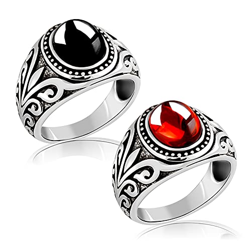Retro Gothic Cool Rings For Men, 925 Sterling Silver Male Rings With Red Garnet Onyx Beads, Engraved Silver Rings Statement Rings For Party Birthday Fathers Day, Size 7-12 #TOP19