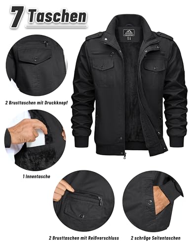 KEFITEVD Übergangsjacke Herren Fleece Gefüttert Fliegerjacke Warme Winterjacke Army Feldjacke Retro Bomberjacke Winter Männer Jacke Schwarz M