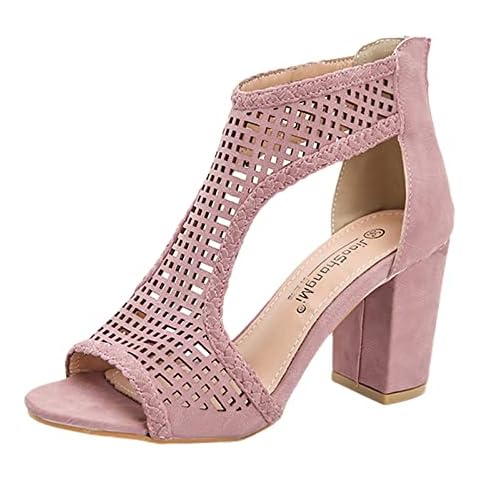 SoonerQuicker Block Heel Sandals for Women Summer High Heels Peep Toe Gladiator Sandals Ladies Ankle Boots Fashion (4 UK, Pink, numeric_4) Cover