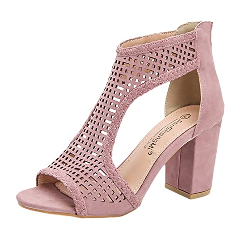 Sandalen Damen Sommer Peep Toe Strandschuhe Elegant Schuhe Pumps mit Blockabsatz Pumps Freizeitschuhe Sandaletten Mit Absatz Reißverschluss Hoher Absatz (Pink, 40) Cover