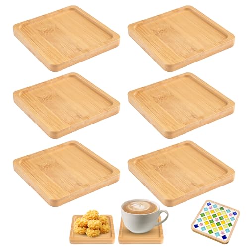 6 Piezas Cuadrado Mini Bandeja de Bambú, Bandeja Bambu, Petit Plateau Bois, Posavasos de Mosaico de Bambú para Manualidades para Bebidas,Vasos,Vidrio para Plantas de Flores, Café, Pastel, Té(9 X 9 cm)