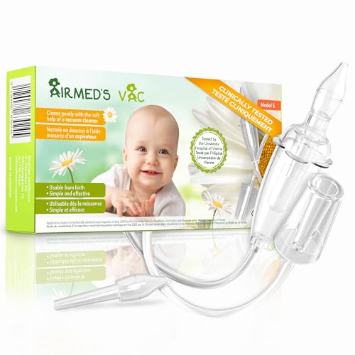 Nasensauger - Airmed's Vac Nasal Aspirator Baby. CLINICALLY TESTED, SAFE and GENTLE. Baby nose sucker with 2 suction heads and cleaning brush. Safe and gentle baby nasal aspirator with strength of a vacuum cleaner