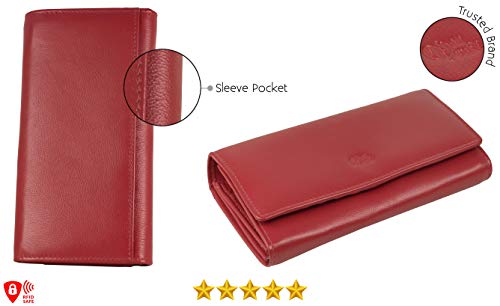 Image of Women's Top Grain Leather Wallet, RFID Blocking Bifold clutch, 17 Card Slots, Zip Pocket Organizer, Elegant Gift for Women - Birthday, Valentine, Anniversary - WATERMELON