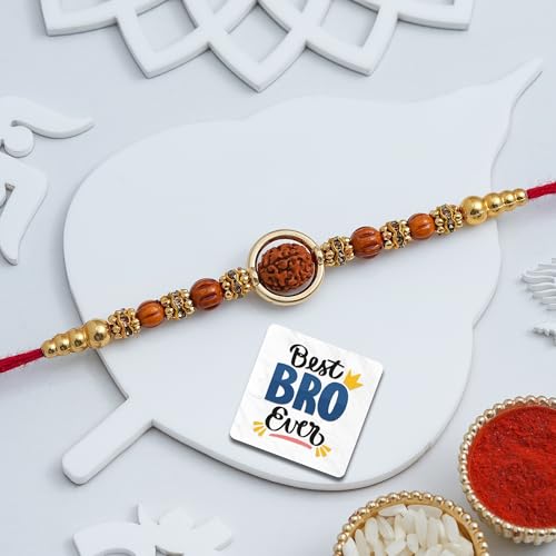 Image of eCraftIndia Beads Rudraksha Rakhi for Brother Bhaiya Bhai with Best Bro Ever Fridge Magnet | Roli Chawal Pack