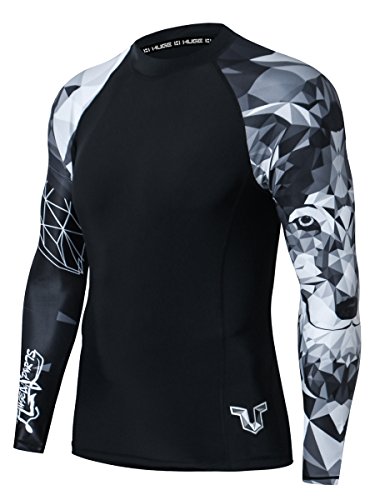 HUGE SPORTS Wildling Series UV Protection Quick Dry Compression Rash Guard (Wolf,XL)