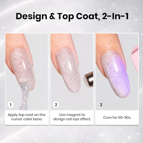 Image of Beetles Cat Eye Gel Top Coat with Magnet, No Wipe Magnetic Top Coat Gel Polish, Turns Any Gel Color Into Cat Eye Effect, 2 in 1 High Gloss Shine, Soak Off LED UV Nail Art for DIY Manicure