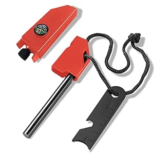 Magnesium Fire Starter Survival Tool 6-in-1 Flint and Steel Survival Kit Orange Ferro Rods Fire Striker Emergency Whistle