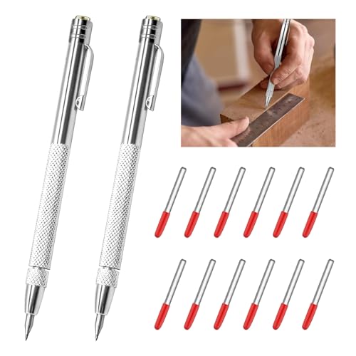 2 + 12 Piezas Marcador Metal de Carburo de Tungsteno, Bolígrafo de Carburo con 12 Punta de Trazar de Metal Rojas, Herramienta de Grabado de Alta Precisión para Marcar Madera, Vidrio, Azulejos, y Más.