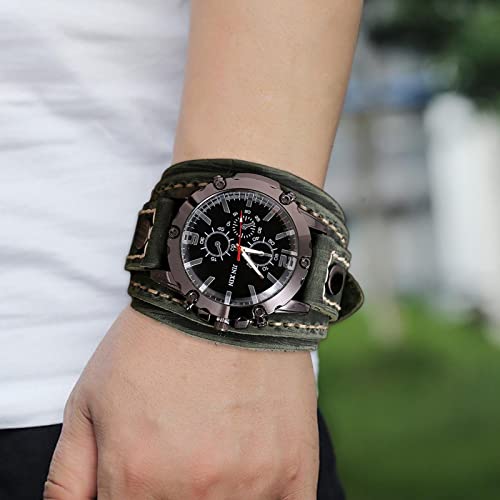 B Baosity Punk Vintage Wrist Watch, Wide Pu Leather Fashion Cuff Round Dial Wristwatch, Bracelet, Quartz Watches, Green #TOP3