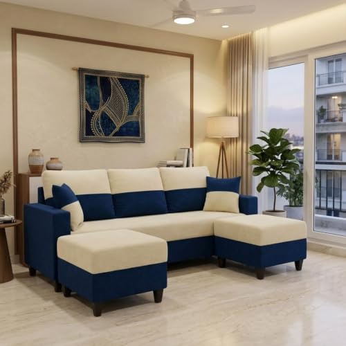 Image of Cavo 5 Seater L Shape Sofa Set with 2 Movable Ottomans | Flexible Layout | Luxury Velvet Suede Fabric | Modern Living Room Sofa | Dark Blue-Cream
