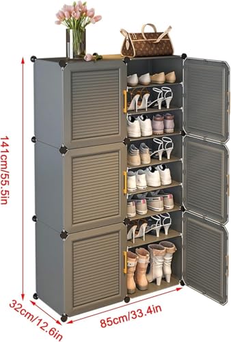 Image of Strassis Design Plastic Shoe Rack for Home | 18 Shelf DIY Shoe Rack with Door Magnets for Home Storage Plastic Box Organizer, Metal Door Frame, Chappal Slipper Sandals Stand (Grey,6 Door)