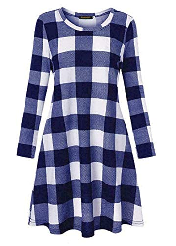 Colop Women Long Sleeve Print Swing Dress Flared A Line Skater Dress Top Size 8-26 (Big Box Navy Tartan, 16-18)