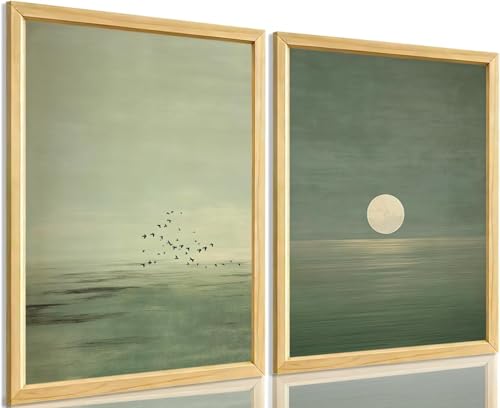 Poster japonais vert sauge lune et oiseau déco minimaliste en toile 70x90cm sans cadre