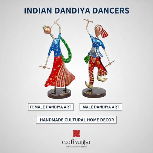 Image of CraftVatika Metal Gujrati Couple Dancing Showpiece for Home Decor, Gift Items, Multicolor, 13.3 x 6 x 4 Inches