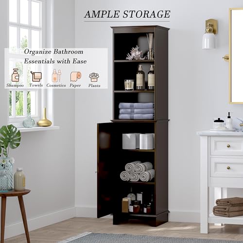 Spirich Home Freestanding Storage Cabinet with Three Tier Shelves, Tall Slim Cabinet, Free Standing Linen Tower, Espresso