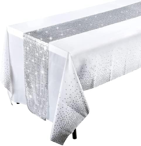 Amazon Brand - Umi. Rose Gold Tablecloth, 12 x 108 Inch Sequins Table Runners and 54 x 108 Inch Plastic Table Cloth for Party Decorations