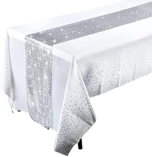 Amazon Brand - Umi. Rose Gold Tablecloth, 12 x 108 Inch Sequins Table Runners and 54 x 108 Inch Plastic Table Cloth for Party Decorations
