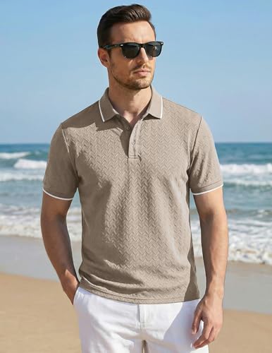 Image of JMIERR Mens Casual Polo Shirt Short Sleeve Vacation Button Summer Beach Knit Stretchy Golf Shirts