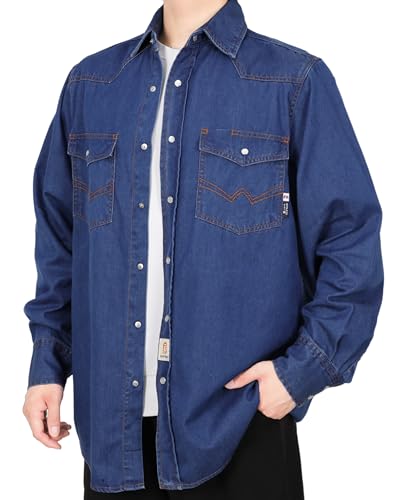 BOCOMAL FR Shirts Washed Denim EX Soft Lightweight Smooth Fit Pearl Snaps Down Durable Flame Resistant Work Clothing