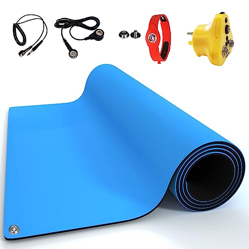KooMall 48 x 24 Inch ESD Rubber Mat Kits, Anti Static Table Floor Pad for Electronic Device Repair Solder Assembly PC Building, W/H Grounding Kit- Antistatic Wrist Straps Bracelets Cord Plugs, Blue
