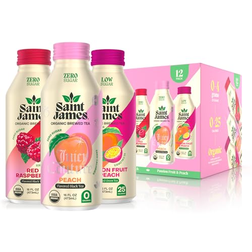 Saint James Iced Tea - Organic Black & Green Tea - Non GMO, Gluten Free, Low Calorie & Low Sugar - Party Variety Pack, 12 Pack (16 fl oz each)