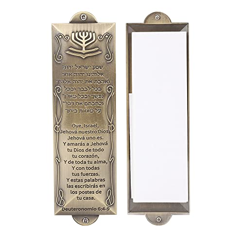 BRTAGG Mezuzá con cinta adhesiva de doble cara,14 cm de altura,Bronce,escritura española y hebrea,Fácil de despegar y pegar mezuzah thumbnail