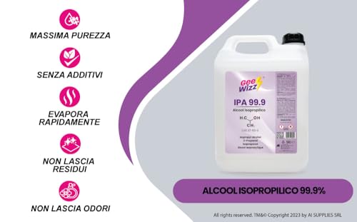 Gee-Wizz Ipa 99,9 | Isopropanolo - Alcool Isopropilico 99,9% | 2X5L | Detergente Alcol Per Pulizia Casa, Ufficio, Elettronica, Pulizia Delle Resine Stampa 3D, Vasche Ultrasuoni, Multiuso - 2
