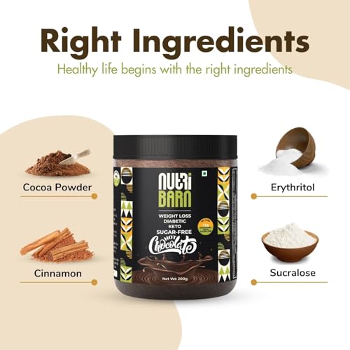 Image of Nutribarn Sugar-Free Hot Chocolate Mix 200g. 1.6g Net Carb. Zero added Sugar, Low Carb, Low Calorie. Sweetened with Sucralose.