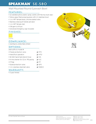 Speakman, Yellow Se-580 Traditional Series Wall-Mounted Emergency Eyewash #TOP5