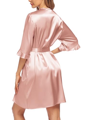Image of Ekouaer Women's Satin Robe Valentines Lingerie for Women Kimono Bathrobe Short Ruffle Belted Robes Bridesmaids Sleepwear
