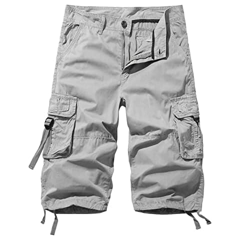 AOYOG Men's Cargo Shorts 3/4 Cotton Relaxed Fit Below Knee Capri Cargo Pants Light Grey Cover