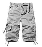 AOYOG Men's Cargo Shorts 3/4 Cotton Relaxed Fit Below Knee Capri Cargo Pants Light Grey
