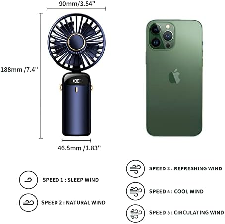 Portable Fan,Handheld Fan Personal Fan 5000mAh Rechargeable with 5 Speeds, Battery Operated Mini Fan with LED Display, 11-21Hs Desk Fan Working Time for Office Bedroom Outdoor Travel Camping-Dark Blue