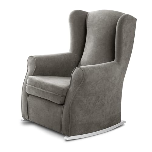 SUEÑOS ZZZ - Balancín Irene, sillón orejero de Lactancia tapizado en Tela Anti Manchas Color Gris con balancín Lacado en Color Blanco. Mecedora para Dormitorio, salón o habitación de bebé