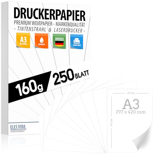 Papel para impresora A3, 160 g, color blanco, 250 hojas, papel premium blanco puro, 29,7 x 42 cm, papel de dibujo grueso, sin imprimir para universidad, fotografía, presentaciones, manualidades