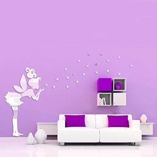 Walplus Girls Silver Mirror Wall Art"Tinker Bell " Wall Stickers Removable Self-Adhesive Mural Decals Vinyl Home Decoration Diy Living Bedroom Office Décor Kids Room,
