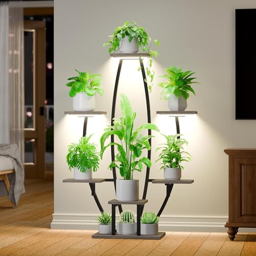 Image of Plant Stand Indoor with Grow Lights - 7 Tiered Corner Plant Shelf Indoor, 47 inch Tall Plant Stands for Indoor Plants Multiple, Metal Plant Rack Flower Holder for Living Room, Home Decor, Oak Grey
