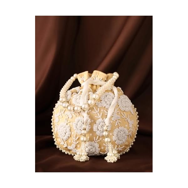 Priyaasi Yellow Pearl Beaded Floral embroidery Design Potli Bag - Image 7
