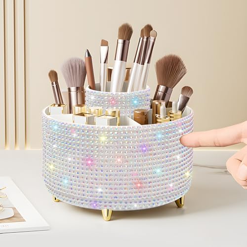 Image of Diesisa Bling Diamond 360 Makeup Brush Holder Organizer, Rotating Makeup Brush Organizer,5 Slot Make up Brushes Cup for Cosmetics, Vanity Desktop Organizer, Gift for Women Teen Girls- Diamond White