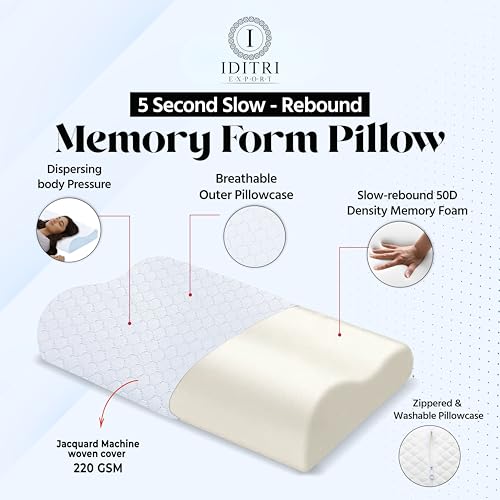 Image of Orthopedic Memory Foam Pillow with 9 cm and 12 cm Heights, Cervical Contour for Neck and Shoulder Relief, Breathable Jacquard Cover, Sky, 60 x 35 cm Ergonomic Bedding Sleep Aid Support