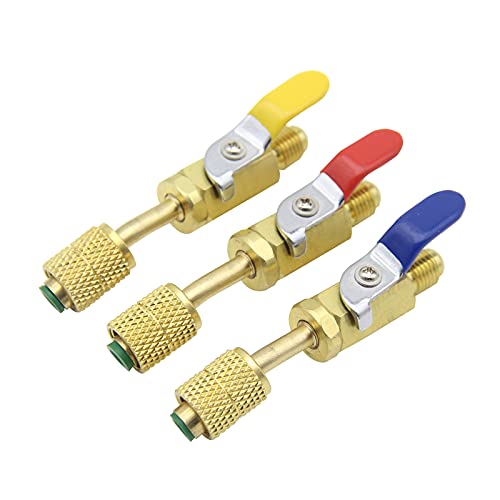3 Color R410A Angled Compact Shut-Off Ball Valve 5/16in SAE Female to 1/4in SAE Male, 3 Colors Shut-Off Ball Valve Adapters, Fits for R134A R12 R22 R502 Charging Hoses HVAC Air Conditioning