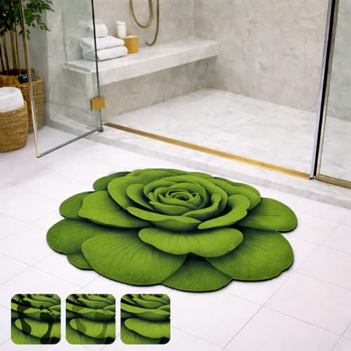 Image of Luxe Home 3D Bath Mat Rose Shaped Super Soft, Anti Slip Skid, Washable, Quick Dry Floor Mat for Bathroom, Bedroom, Living Room (Green, 67x71 cm)