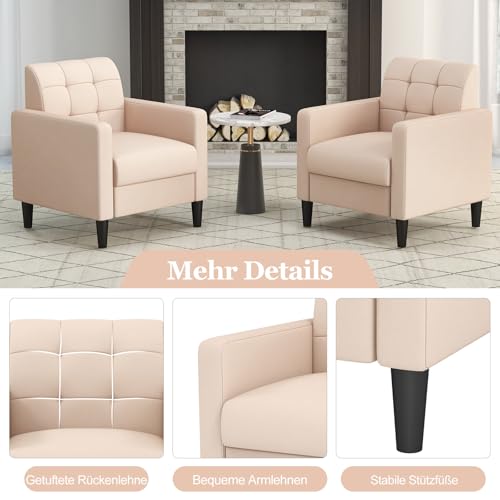 COSTWAY Relaxsessel modern, Fernsehsessel aus Samt im Mid-Century-Stil, gepolsterter Sessel mit getufteter Rückenlehne, Armlehnen & Holzbeine für Wohnzimmer, Schlafzimmer und Heimbüro, beige – Bild 7