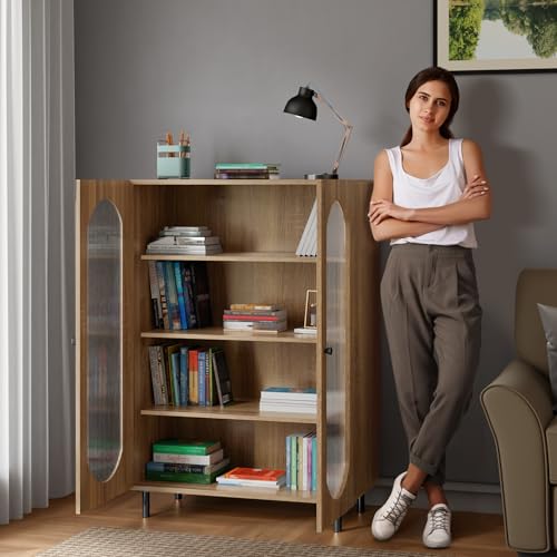 Image of Rocco Stellar Bookshelf with Auto LED Lights & Acrylic Fluted Doors | Engineered Wood Bookcase | Adjustable Shelves, Scratch-Resistant | Living Room, Library & Office (Oak, Tall Size)