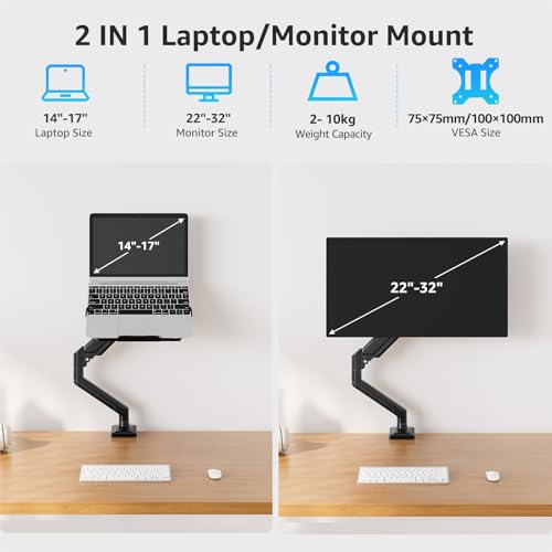 MOUNTUP Monitor Halterung mit Laptopablage, 2 in 1 verstellbare Laptop Armhalterung für 14-17 Zoll-Notebooks und 32 Zoll-Monitore, für bis zu 10 kg, EU3717