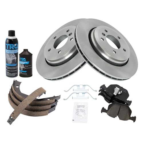 Image of TRQ Rear Brake Pad & Rotor Kit, with Chemical Kit Parking Brake Shoe Set Ceramic Compatible with 2001-2006 BMW 330Ci 2001-2005 330i 330xi
