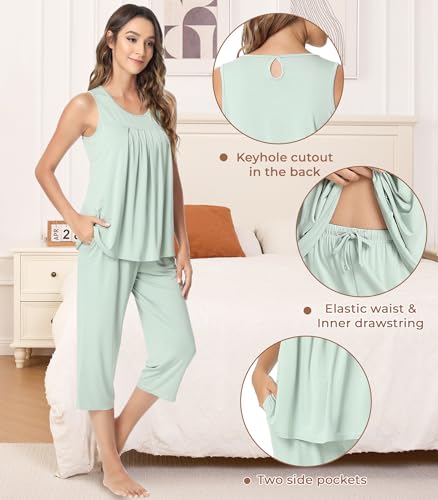 Image of NACHILA Pajamas for Women-Viscose Made from Bamboo, Sleeveless Pjs Tank Top Capri Pants Pajama Sets Cooling Sleepwear